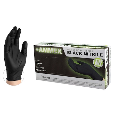 Ammex Disposable Gloves, 3 mil Palm, Nitrile, Powder-Free, L, Black AMXABNPF46100